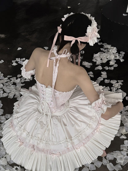 Pink & White Sweet Lolita Floral-Print Corset Top + Skirt + Choker + Arm Rings + KC Full Set