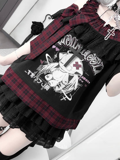 Yami Kawaii Angel Kitten Print Off-the-shoulder Neckline Black and Red Plaid T-Shirt