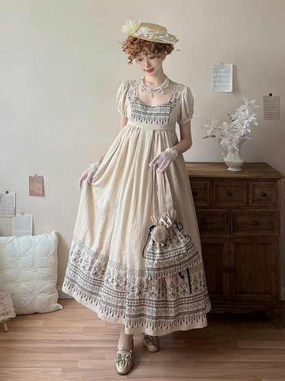 Foldover Design Neckline Blue Vintage Embroidery Empire Waist Elegant Lolita One Piece Long/Short Version