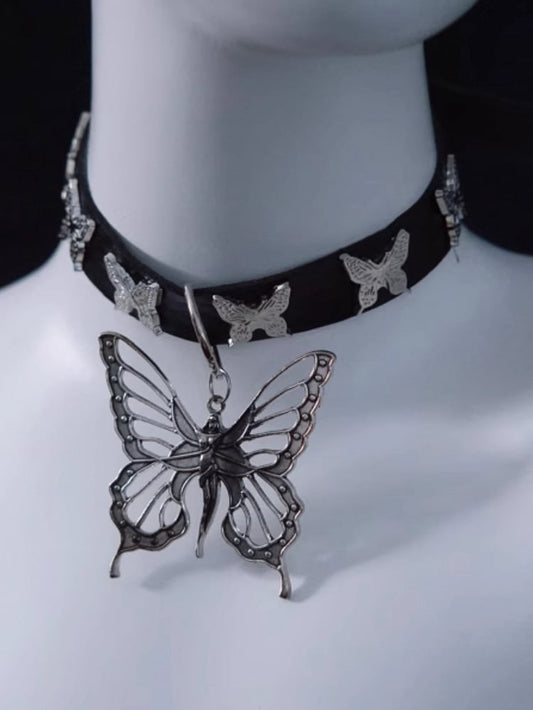 Handmade Metal Butterfly Pendant Gothic Black PU Choker