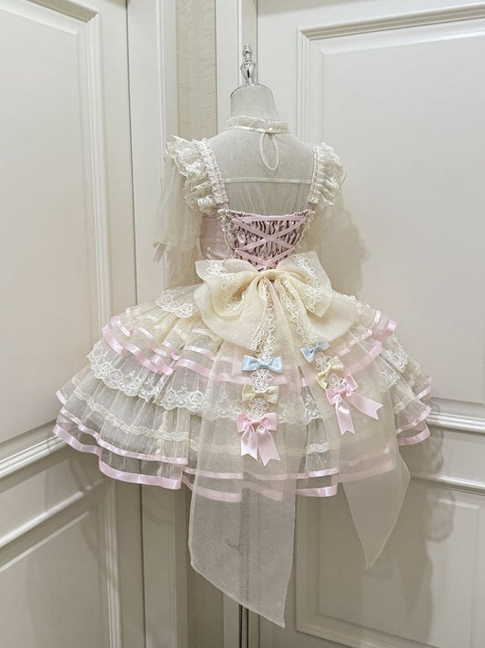 Pink Corset Waist Layered Tulle Skirt Princess Lolita JSK with Big Bow at Back