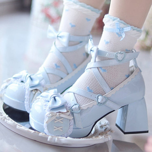Blue Crisscross Design Bunny Ear Bowknot Sweet Lolita 8CM High Block Heels