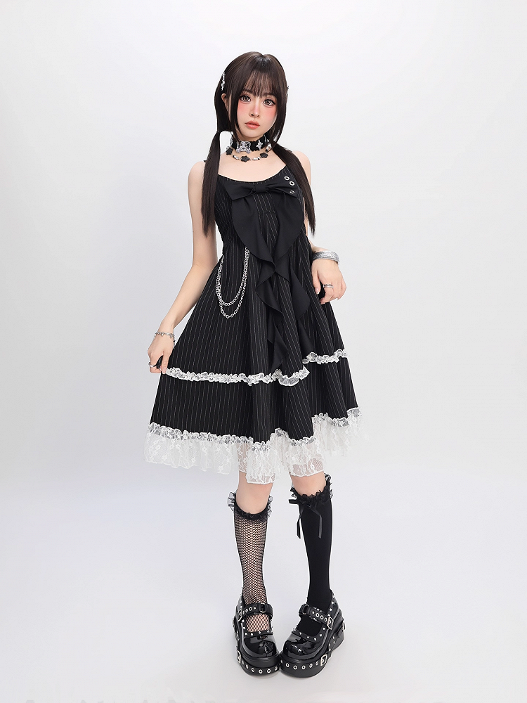 Big Bow Neckline Black Striped Cami Dress Bubble Skirt with Detachable Waist Chain