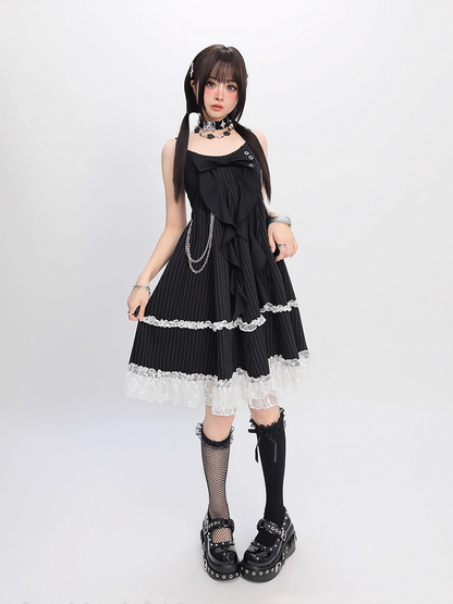 Big Bow Neckline Black Striped Cami Dress Bubble Skirt with Detachable Waist Chain