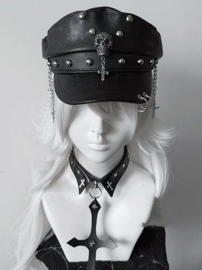 Y2K Black PU Cross Charm Punk Studded Hat