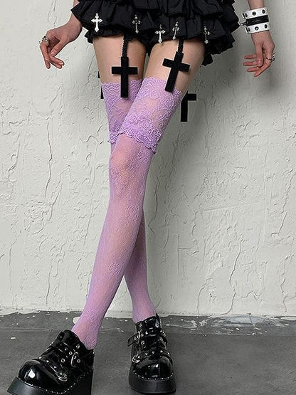 Light Purple Floral Pattern Lace Trim Y2K Overknee Stockings