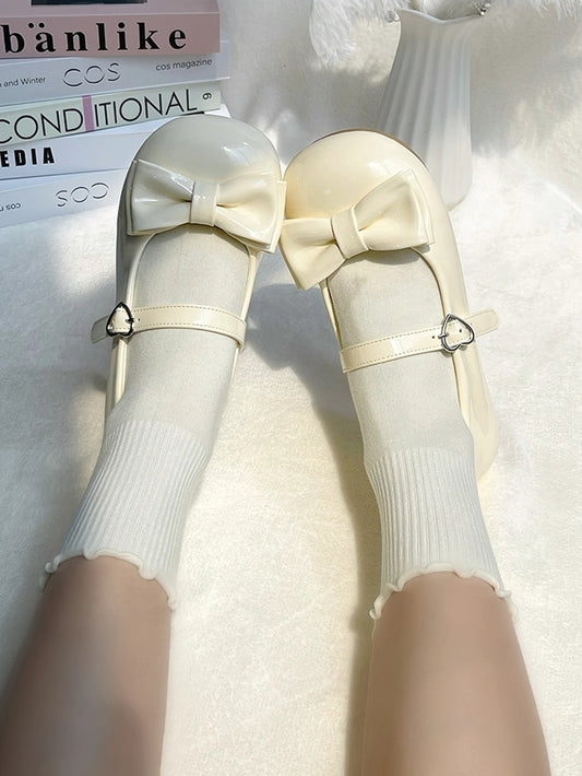 Sweet Beige Lolita Low Heels - Round Toe Design with Heart Fastener & Delicate Bow Details