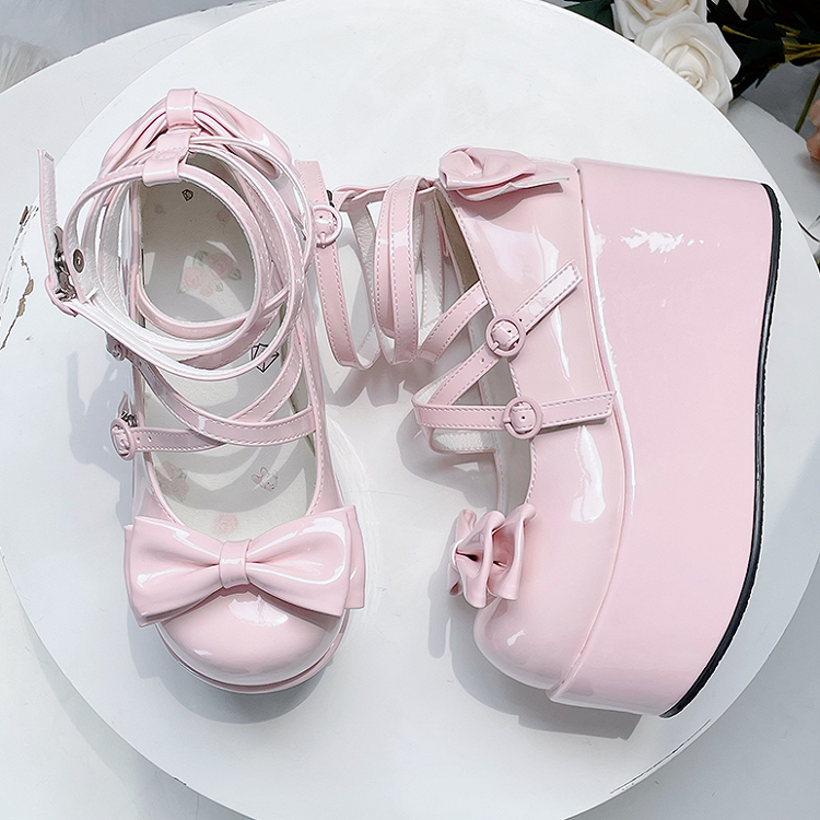 Pink Bowknot Buckle Straps Round Toe Platform Lolita Shoes