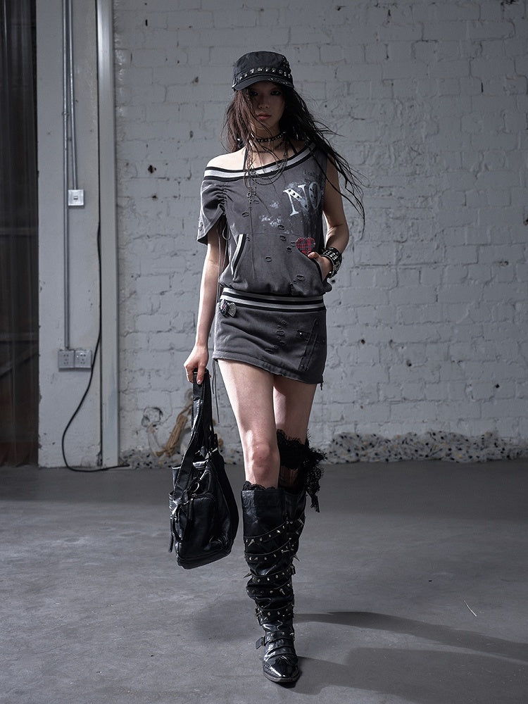 Asymmetrical Neckline Gray/White Wasteland Punk Distressed Dress with Detachable Handkerchief Hem