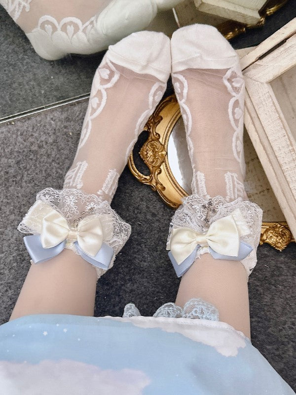 White Lolita Semi-sheer Calf Socks With Lace Cuffs And White/Gray/Pink Bowknot Details
