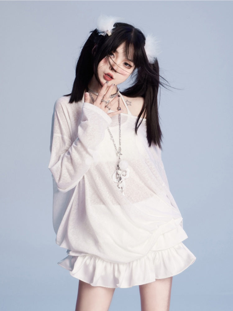 Butterfly-shaped Cutout White Asymmetrical Neckline Semi-sheer Coverup