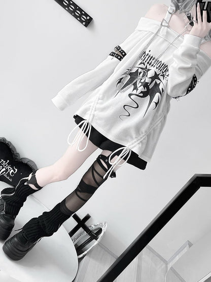 White Off-the-shoulder Neckline Drawstring Design Punk Top