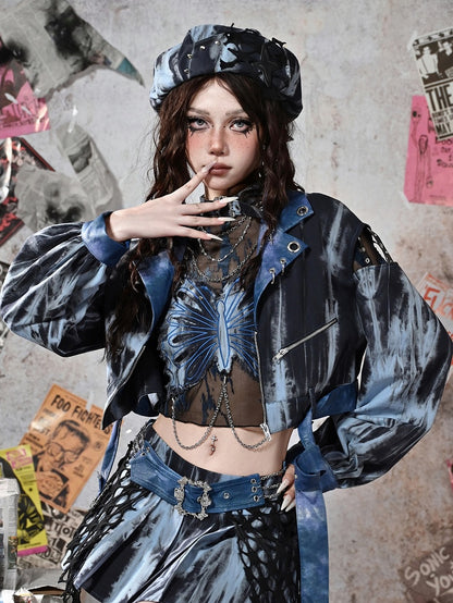 Grunge Punk Rock PU Star Studs Design Blue and Black Tie Dye Beret