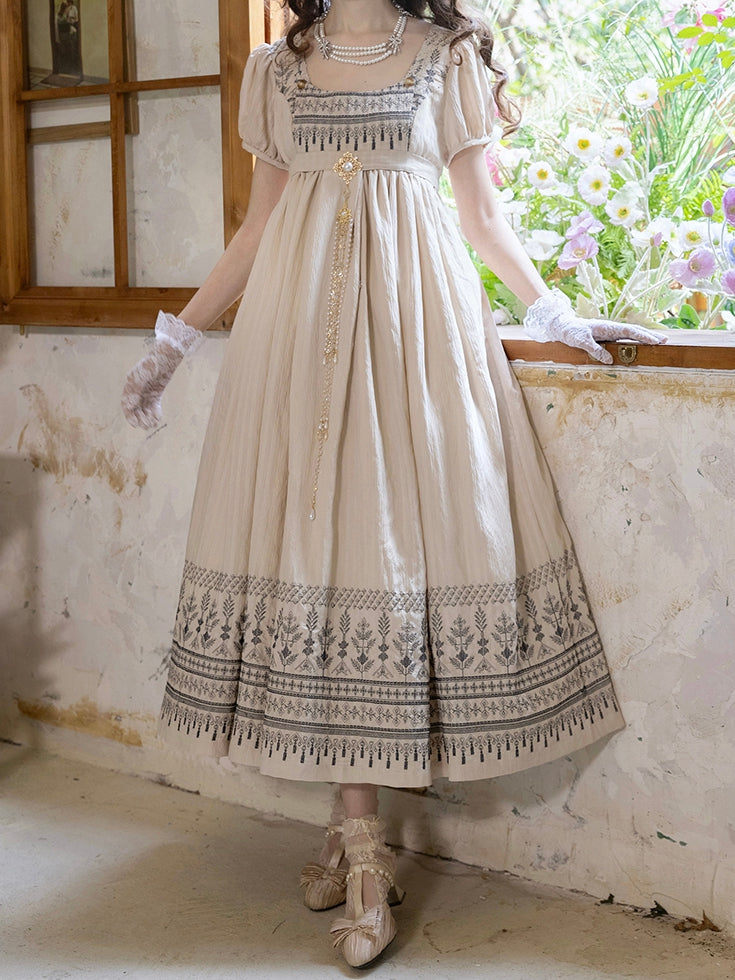 Foldover Design Neckline Blue Vintage Embroidery Empire Waist Elegant Lolita One Piece Long/Short Version