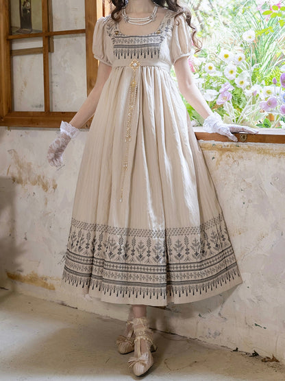 Foldover Design Neckline Blue Vintage Embroidery Empire Waist Elegant Lolita One Piece Long/Short Version