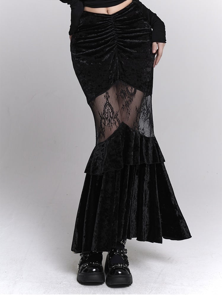 Gothic Black Velvet Contrast Lace Patches Ruched Design Mermaid Skirt