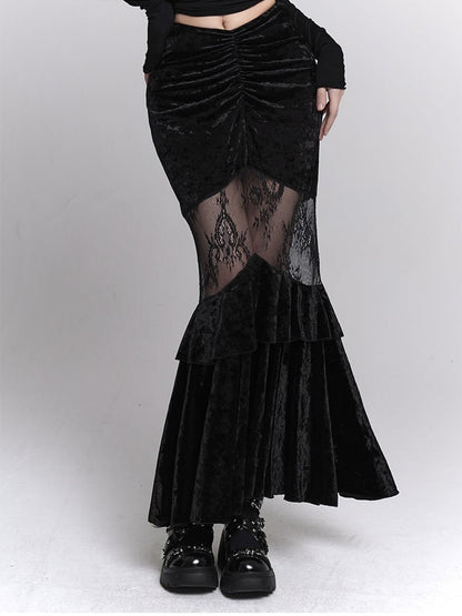 Gothic Black Velvet Contrast Lace Patches Ruched Design Mermaid Skirt