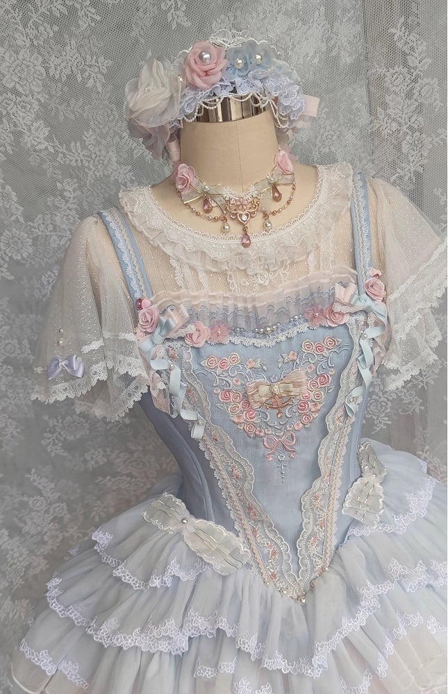 Blue Princess Lolita Corset Dress Floral Embroidery Jumper Skirt