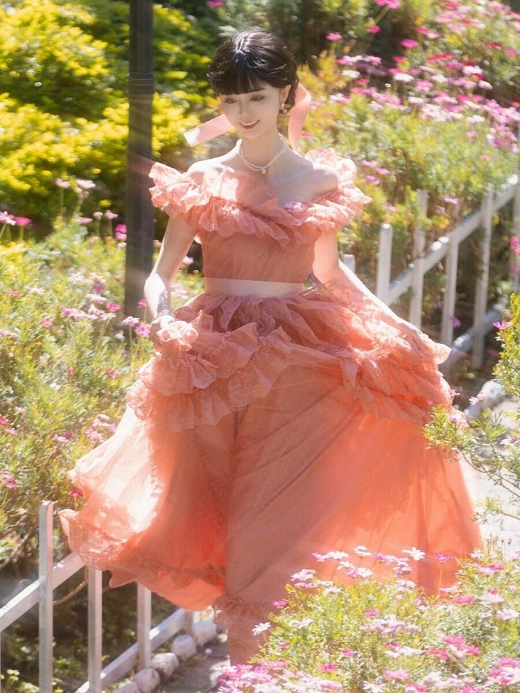 Wine Red/Pink Vintage Lace Ruffle Trim Off-the-shoulder Neckline Dress