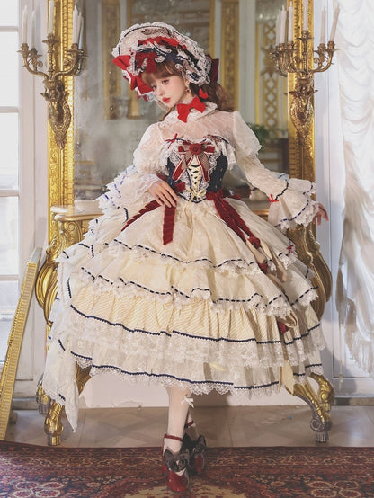 Snow White Vibes Dark Blue and Red Boned Corset Top + Tiered Skirt Gorgeous Hime Lolita Full Set
