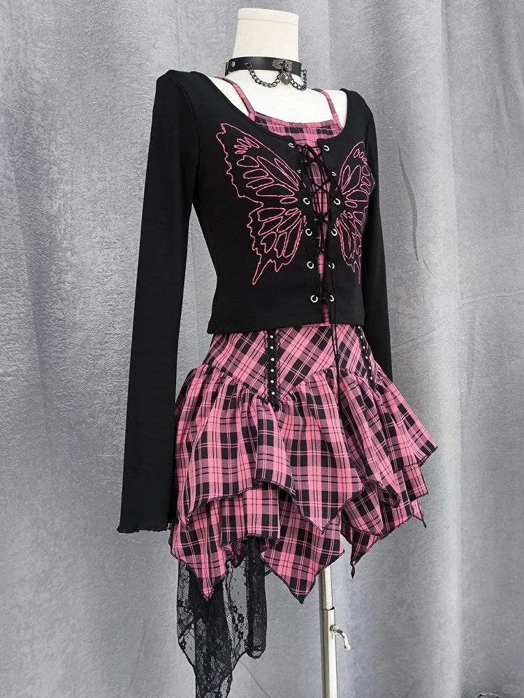 Pink and Black Plaid High Waist Handkerchief Hem Tiered Skirt