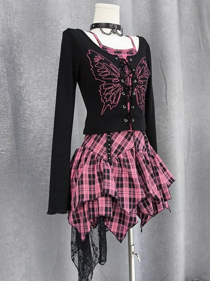 Y2K Lace-up Front Butterfly Print Black and Pink Plaid Top Faux Two-pieces