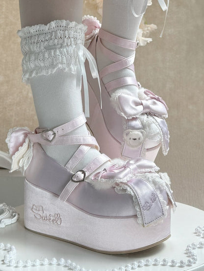 Platform Pink Mary Janes in Satin with Plush Teddy Ears, Bow Decor & Heart Buckles