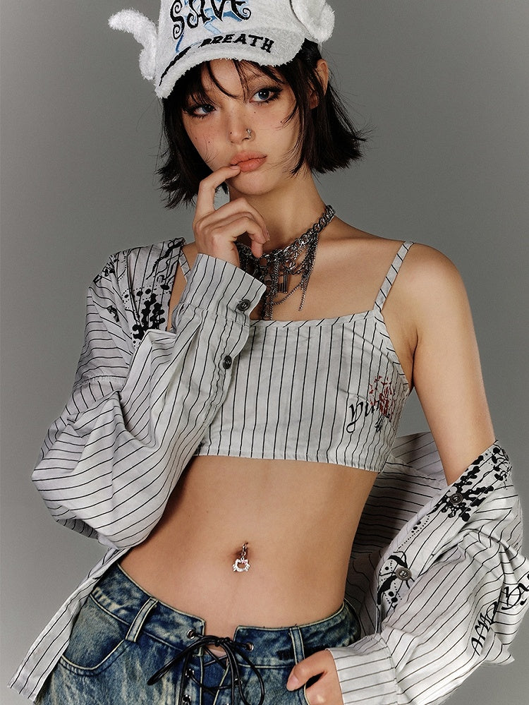 Oversized Silhouette Black & White Stripes Distressed Graffiti Shirt