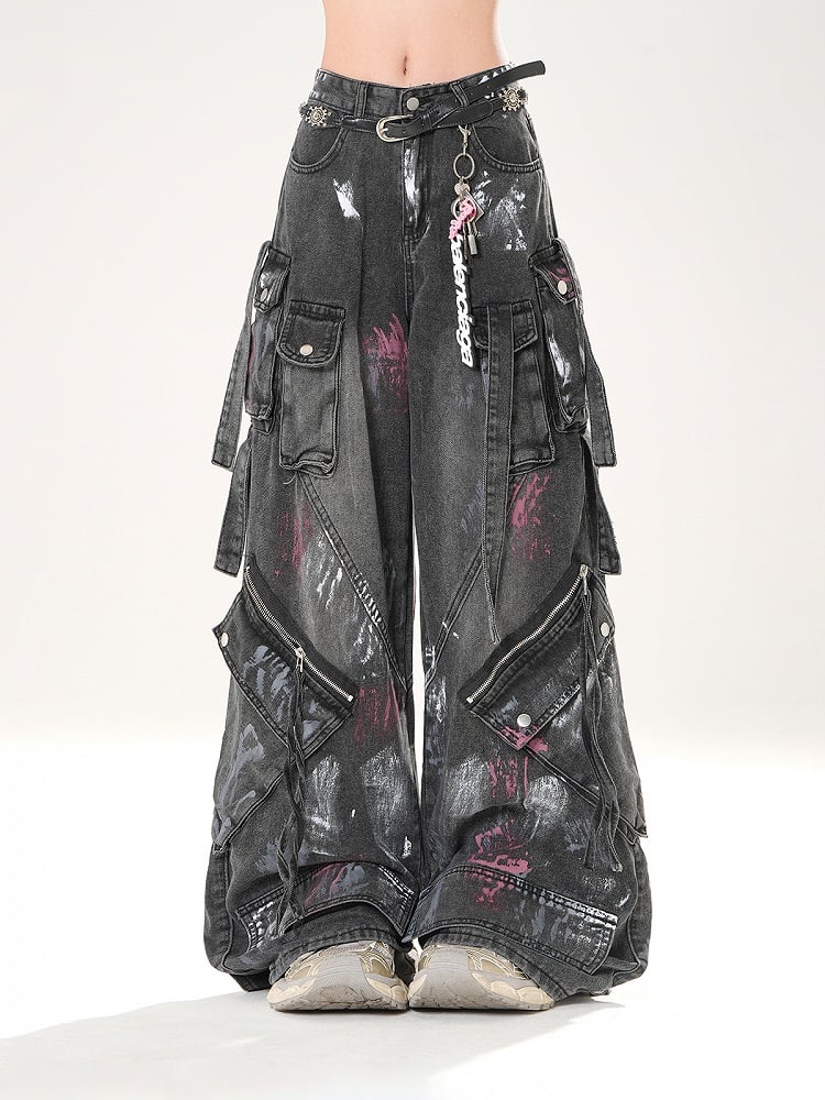 Spray Paint Print Black Low Rise Zipper Details Distressed Wide-leg Jeans