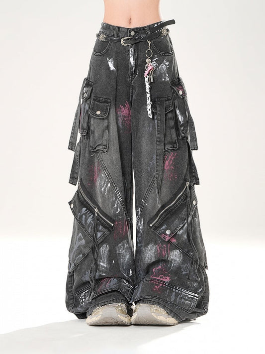 Spray Paint Print Black Low Rise Zipper Details Distressed Wide-leg Jeans