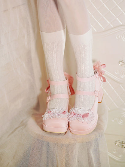 Pink Knotted Bow at Top Lace Trim Heart Buckles High Block Heels