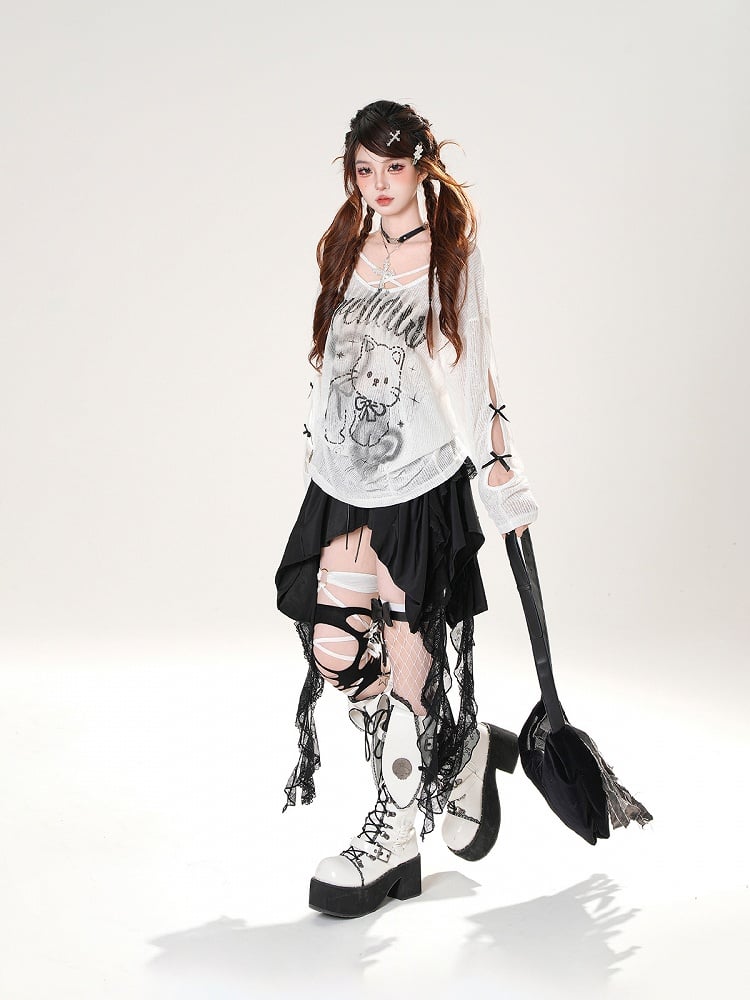 Black/White Asymmetrical Neckline Kitty Print Semi-sheer Coverup