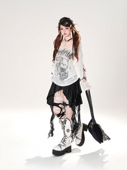 Black/White Asymmetrical Neckline Kitty Print Semi-sheer Coverup