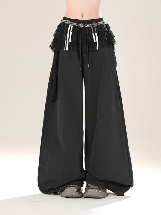 Black Elastic Waist Wide-leg Casual Pants with Lace Waist Accessory