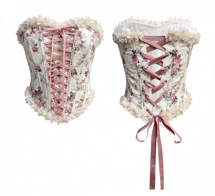 Lace-up Front and Back Floral Print Balletcore Boned Croset Top