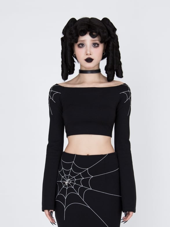Gothic Black Spiderweb Embroidery Bell Sleeves Cropped Top