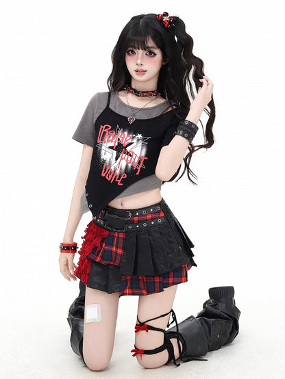 Asymmetrical Hem Star Print Black&Gray / Black&Purple Faux Two-pieces T-shirt