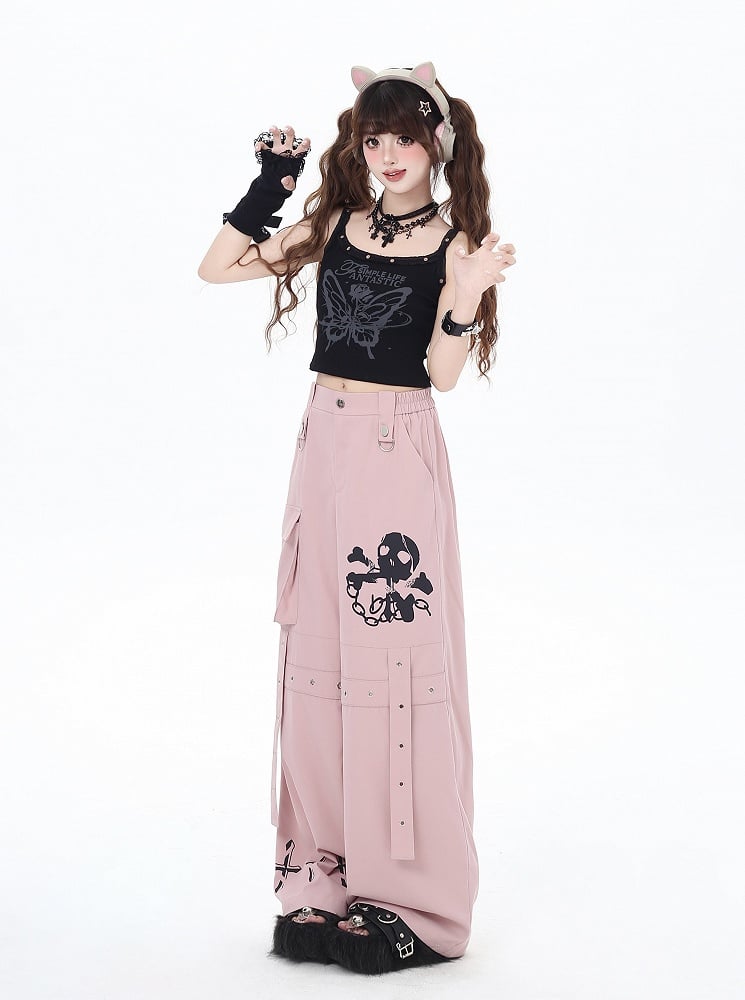 Black/Grey/Pink Skeleton and Cross Print Cargo Pockets Wide-Leg Pants