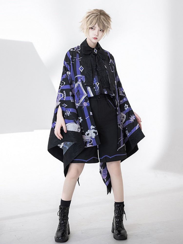 Black and Purple Striped Pattern Haori Poker and Tea Cup Print