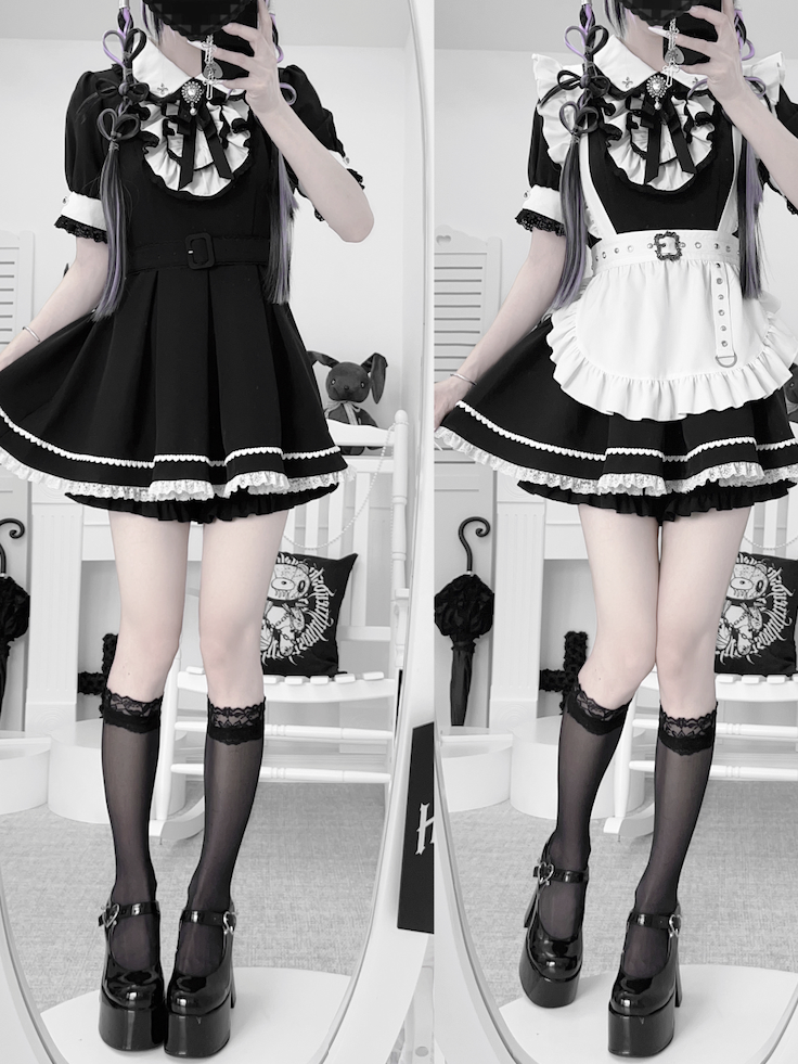 Peter Pan Collar Top with Shorts Black and White Maid Jirai Kei Set