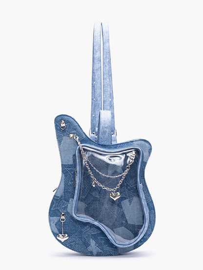 Chic 2-Way Kawaii Blue Guitar-Shaped Ita Bag With Y2K Style &Heart Chain Accents