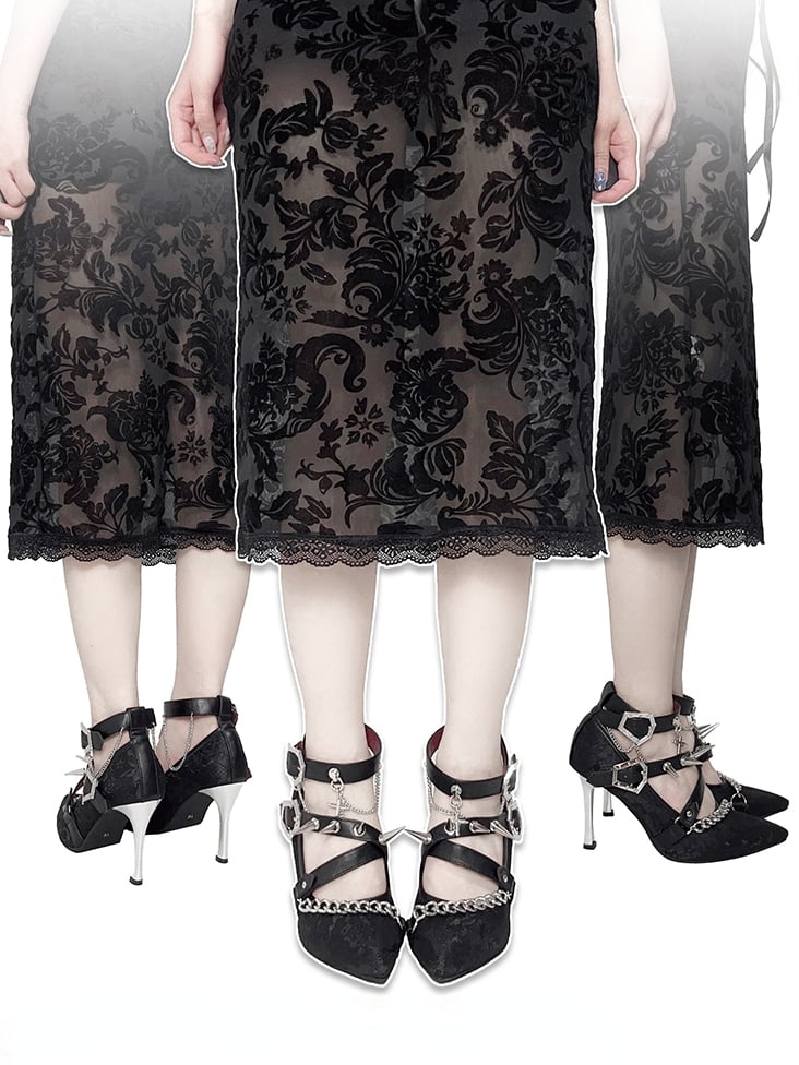 Spike Studs Coffin-shaped Buckles Black Lace Gothic Punk Stiletto Heels with Chains