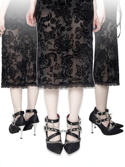 Spike Studs Coffin-shaped Buckles Black Lace Gothic Punk Stiletto Heels with Chains