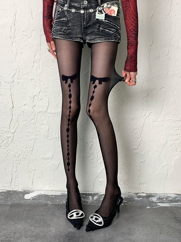 Black Gothic Bowknot Print Tights