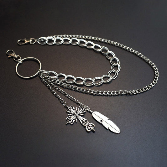 Cyberpunk Gothic Silver Cross Charm Waist Chain+Black PU Waist Belt