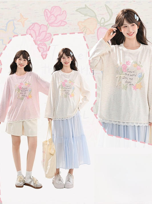 Sweet Floral Print Lace Trim Biege/Pink Round Neck Top