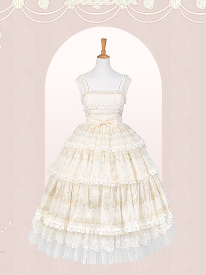 Cream Print Tiered Skirt Beads Neckline Lolita Jumper Skirt