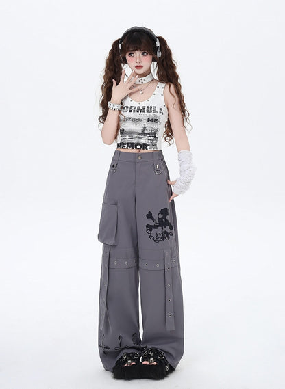 Black/Grey/Pink Skeleton and Cross Print Cargo Pockets Wide-Leg Pants