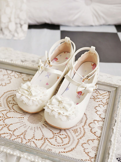 Milky White Bow at Top Lace Trim Heart Buckles Round Toe Lolita Shoes
