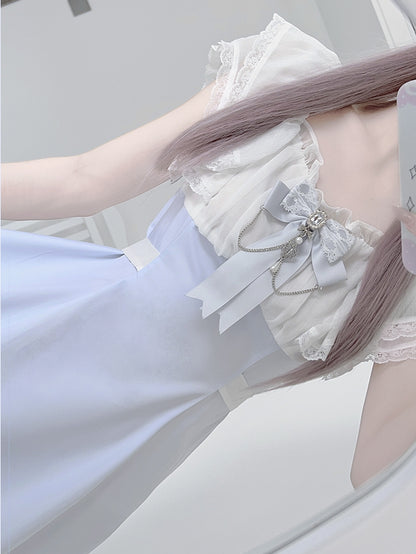 Jirai Kei Light Blue High Waist Lace Trim Dress with Chains Decorated Bowtie